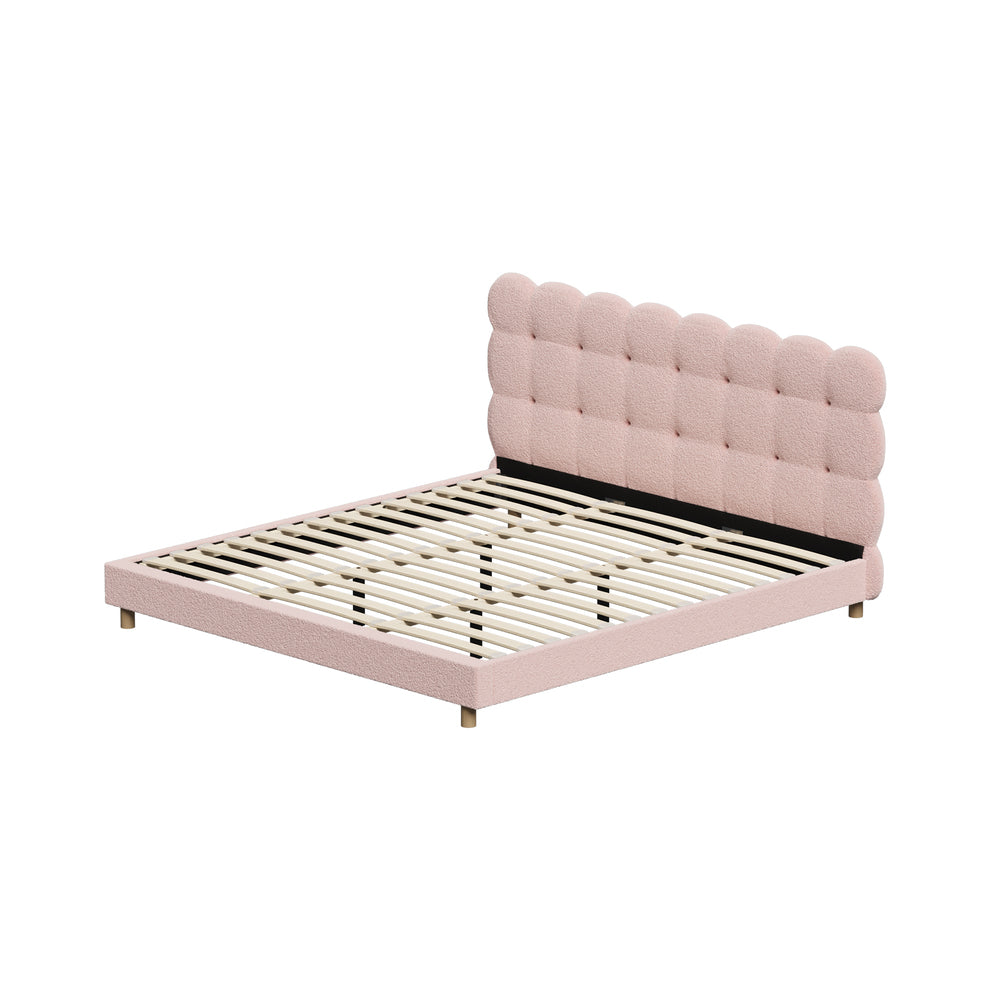 Pink Boucle Fabric King Size Bed Frame with Tufted Bedhead