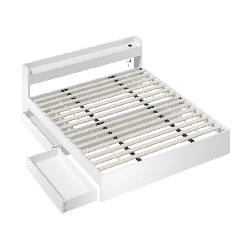 White King Size Bed Frame with Charging Ports and 2 Drawers