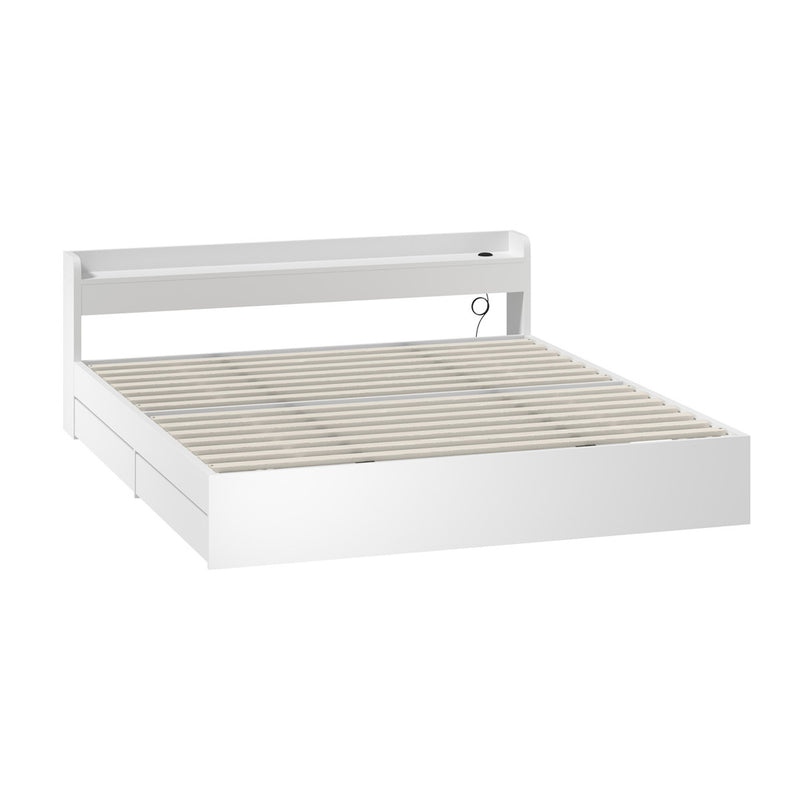 White King Size Bed Frame with Charging Ports and 2 Drawers
