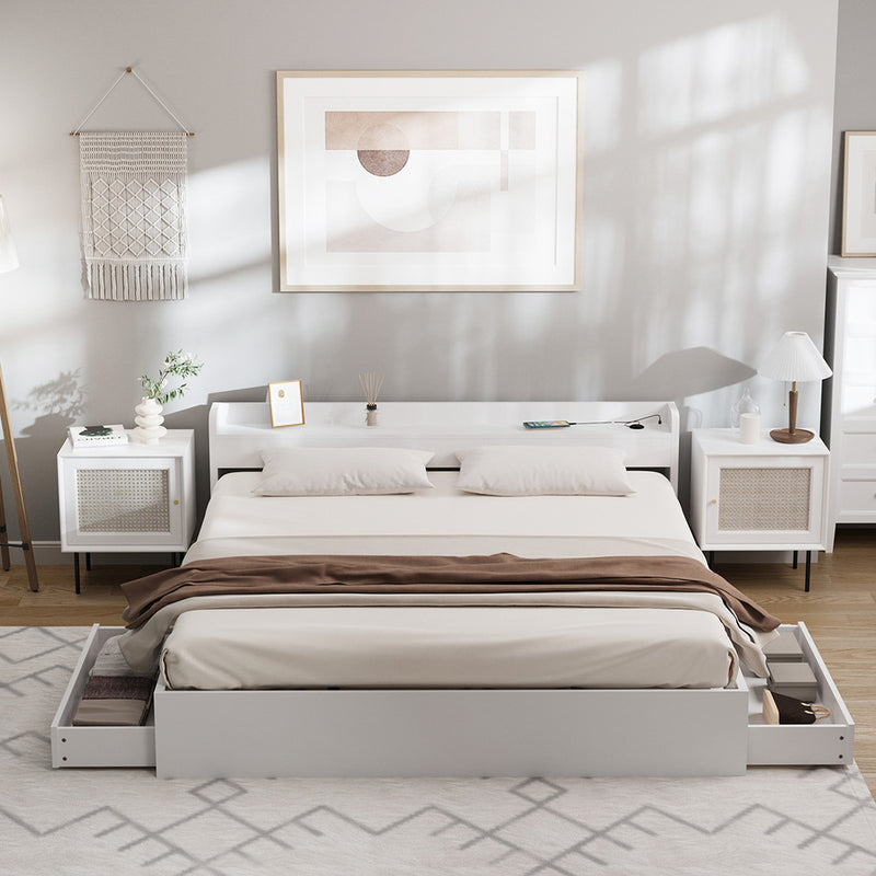 White King Size Bed Frame with Charging Ports and 2 Drawers