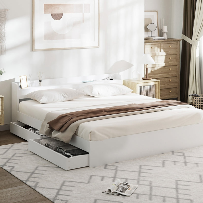 White King Size Bed Frame with Charging Ports and 2 Drawers