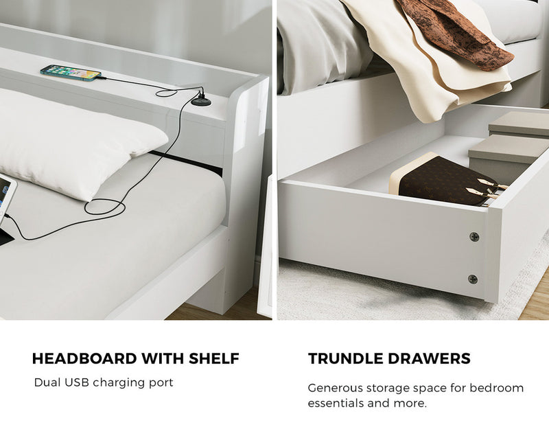 White King Size Bed Frame with Charging Ports and 2 Drawers