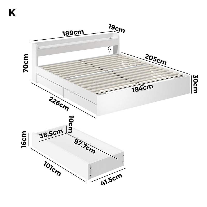 White King Size Bed Frame with Charging Ports and 2 Drawers