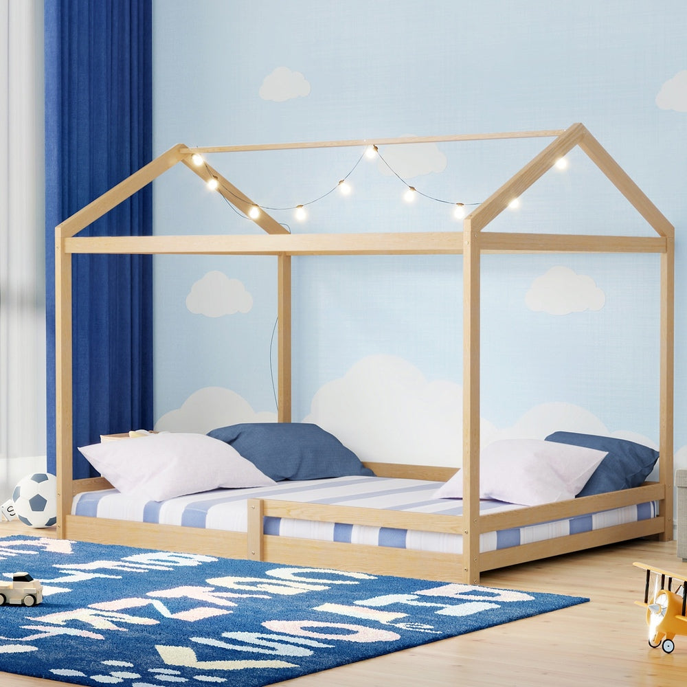 Natural Wooden Double Size Kids House Bed Frame with Fence