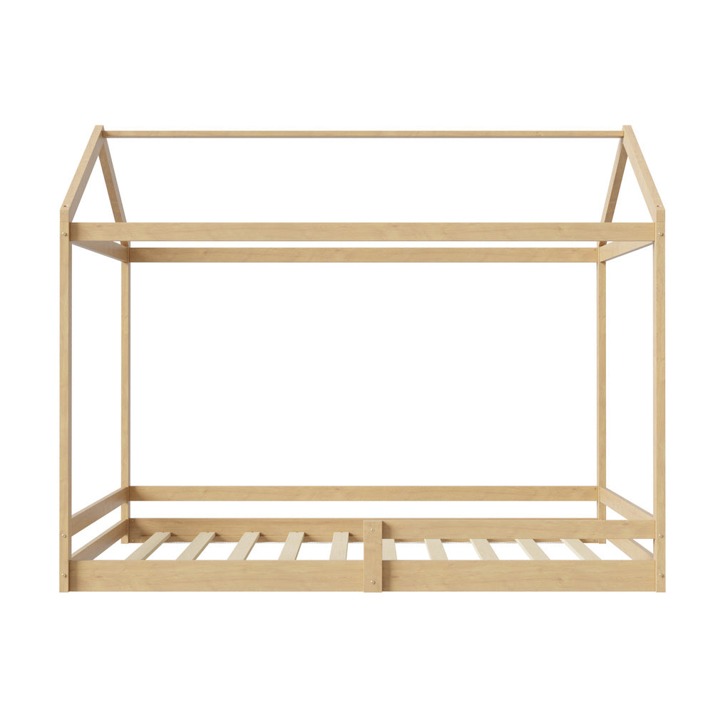 Natural Wooden Double Size Kids House Bed Frame with Fence