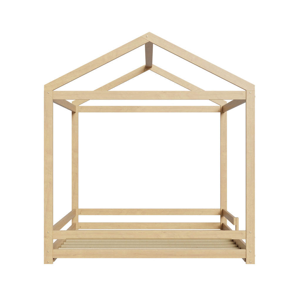 Natural Wooden Double Size Kids House Bed Frame with Fence