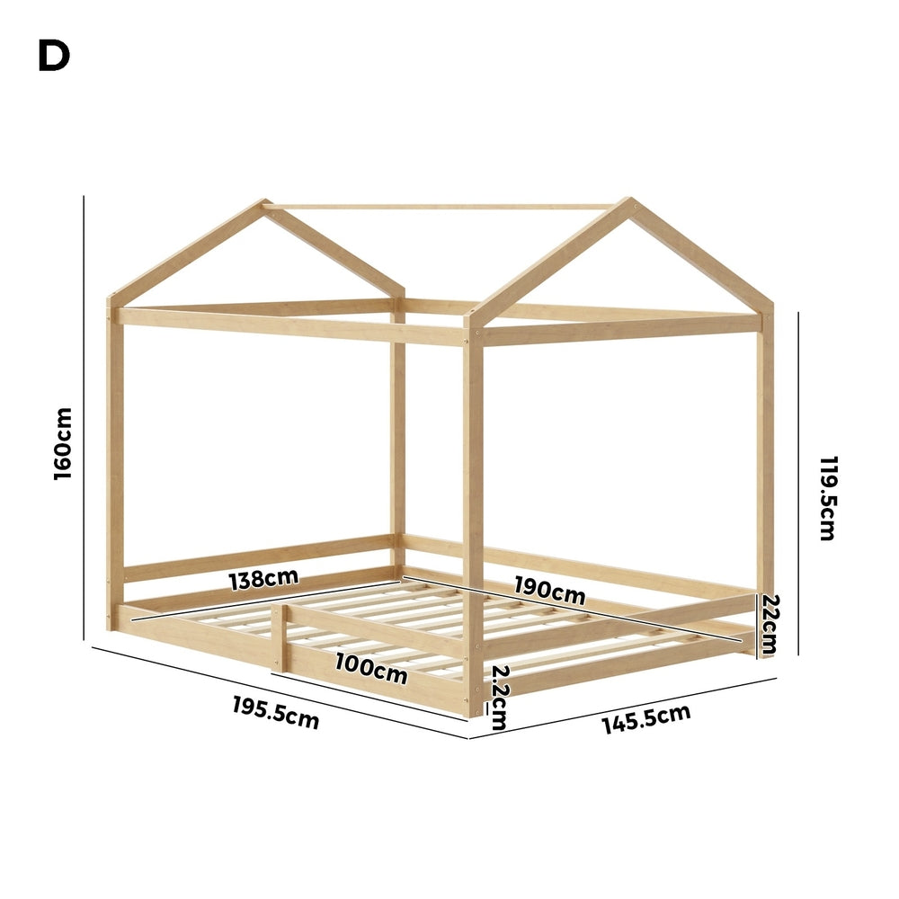 Natural Wooden Double Size Kids House Bed Frame with Fence