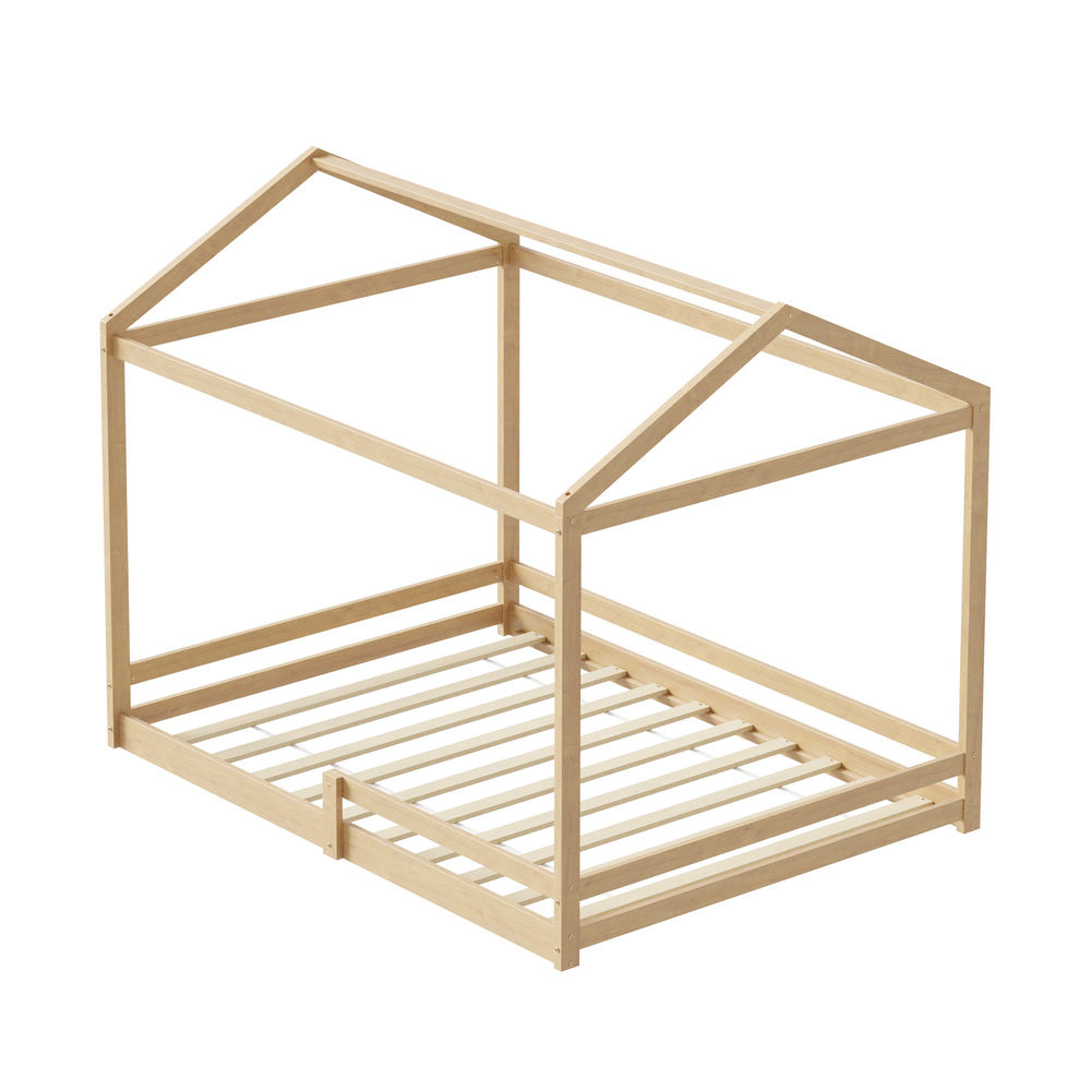 Natural Wooden Double Size Kids House Bed Frame with Fence