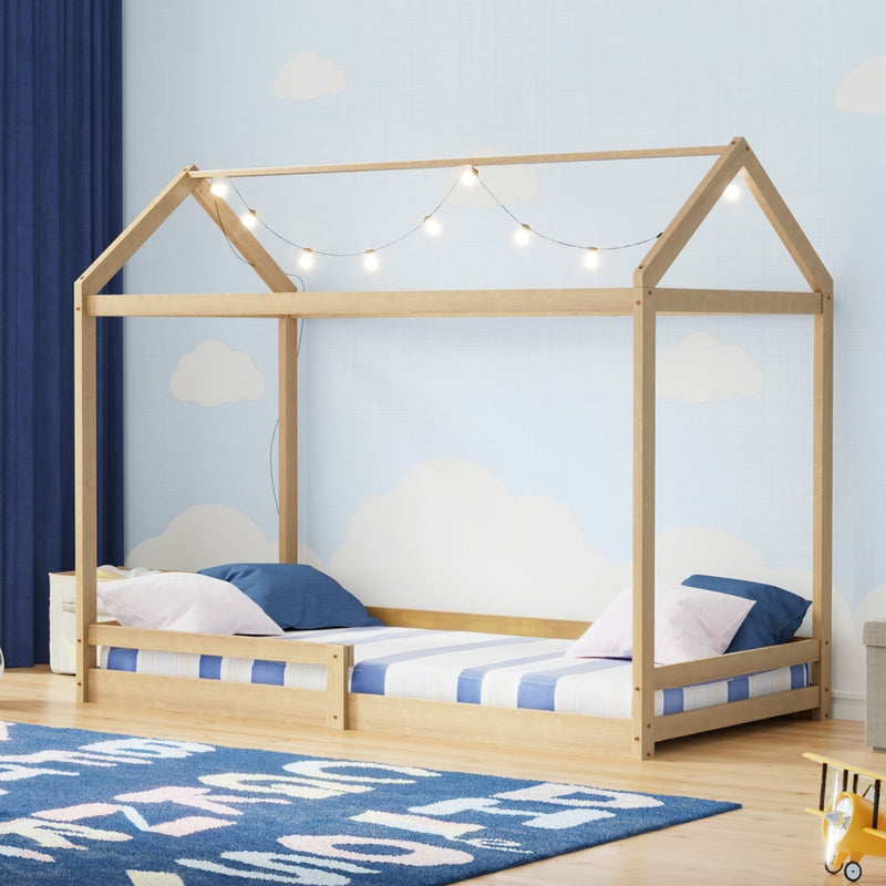 Natural Wooden Single Size Kids House Bed Frame with Fence