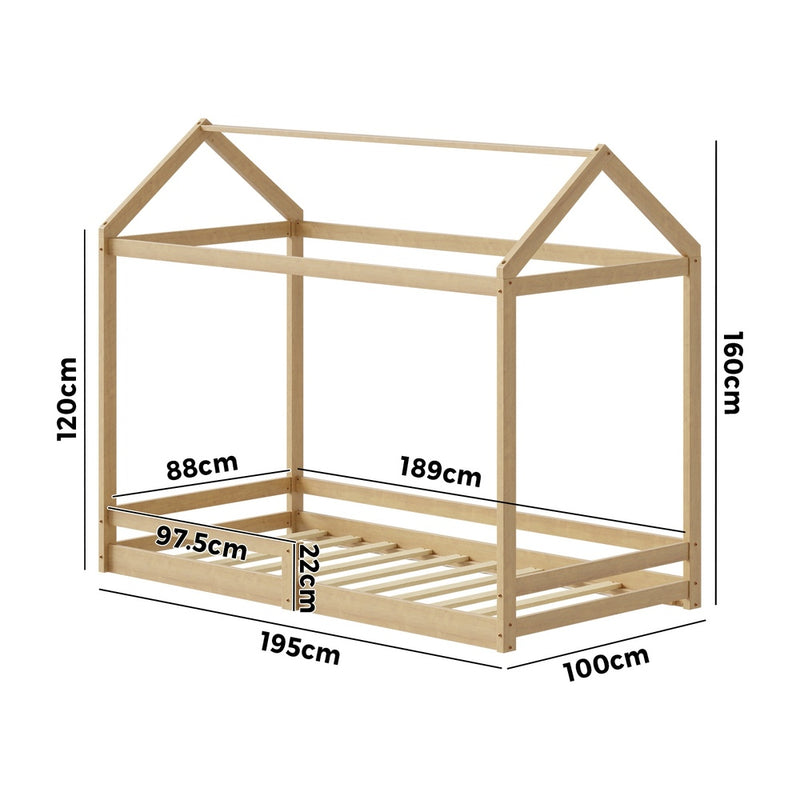 Natural Wooden Single Size Kids House Bed Frame with Fence