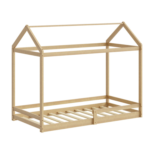 Natural Wooden Single Size Kids House Bed Frame with Fence