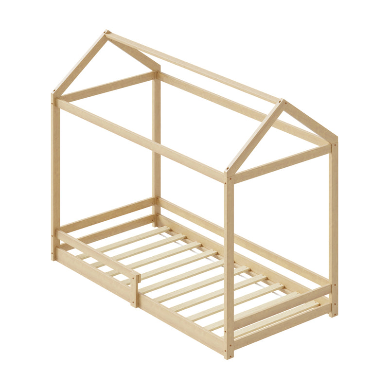 Natural Wooden Single Size Kids House Bed Frame with Fence