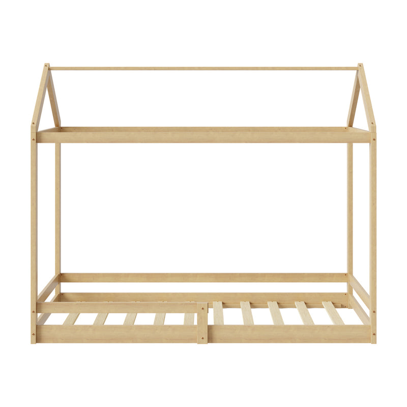 Natural Wooden Single Size Kids House Bed Frame with Fence
