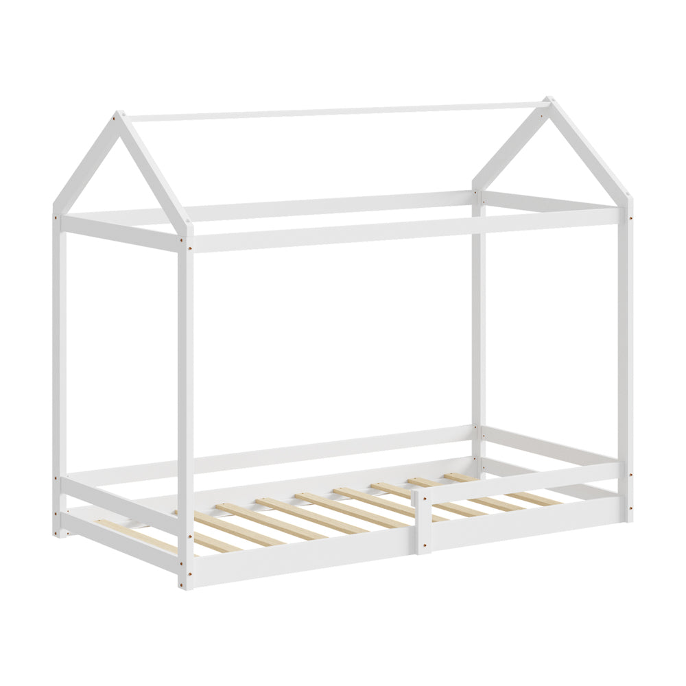 White Timber Single Size Kids Wooden House Bed Frame with Fence