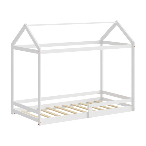 White Timber Single Size Kids Wooden House Bed Frame with Fence