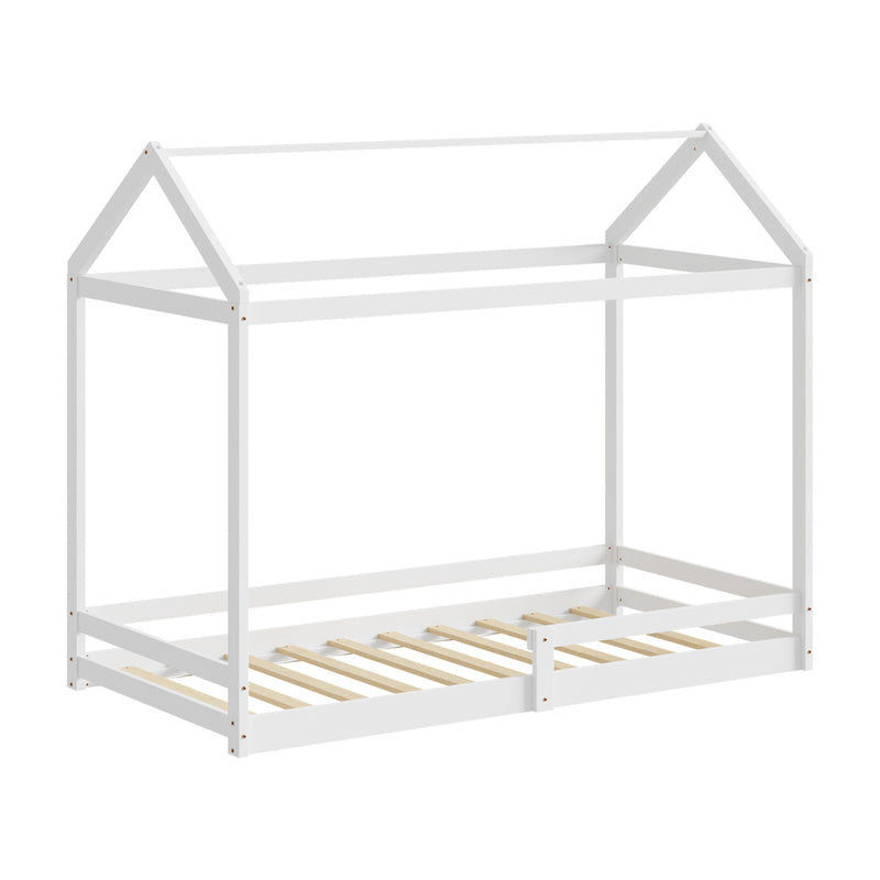 White Timber Single Size Kids Wooden House Bed Frame with Fence