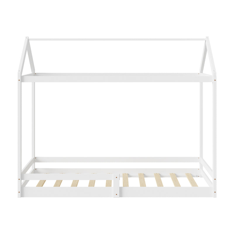 White Timber Single Size Kids Wooden House Bed Frame with Fence