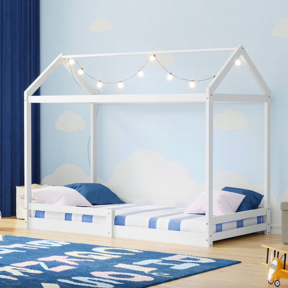White Timber Single Size Kids Wooden House Bed Frame with Fence