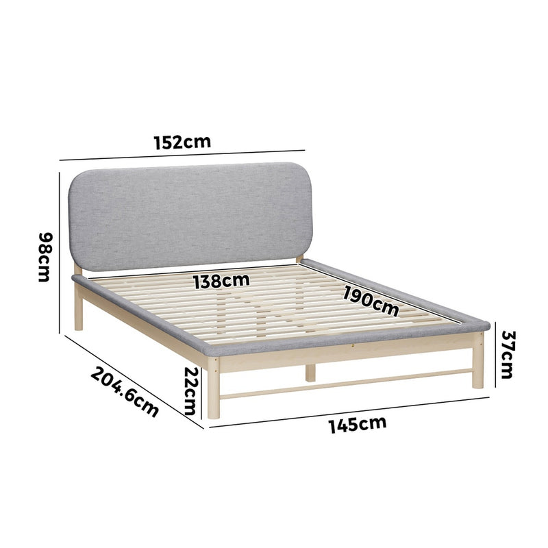 Double Size Wooden Bed Frame with Padded Fabric Edges and Headboard