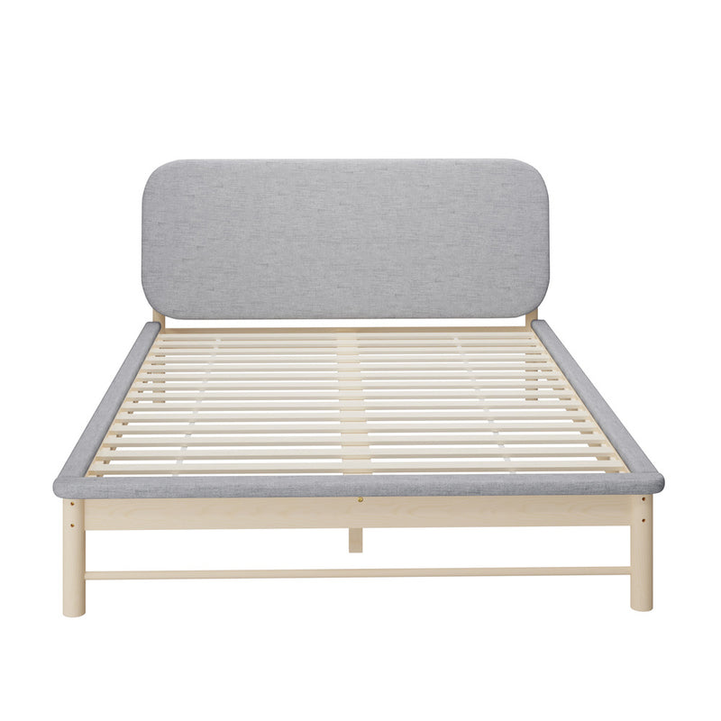 Double Size Wooden Bed Frame with Padded Fabric Edges and Headboard