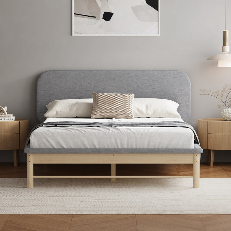 Queen Size Wooden Bed Frame with Padded Fabric Edges and Headboard