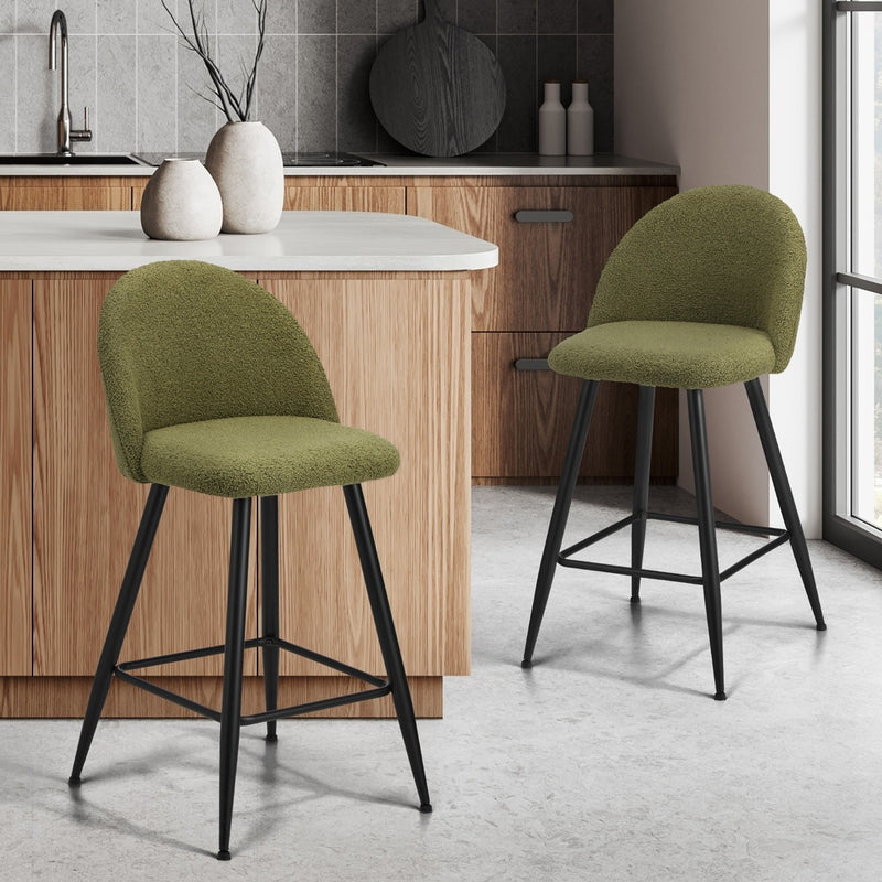 Set of 2 Green Boucle Padded Kitchen Counter Bar Stools