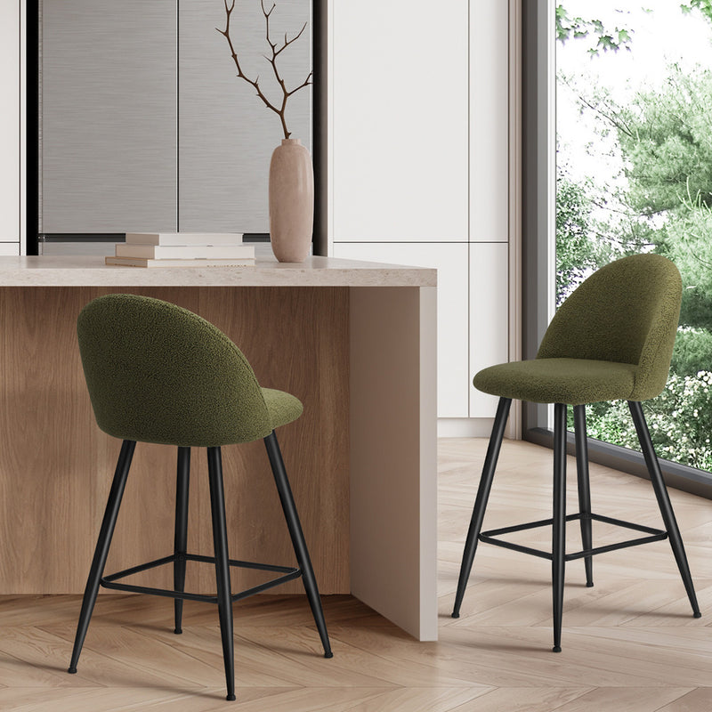 Set of 2 Green Boucle Padded Kitchen Counter Bar Stools