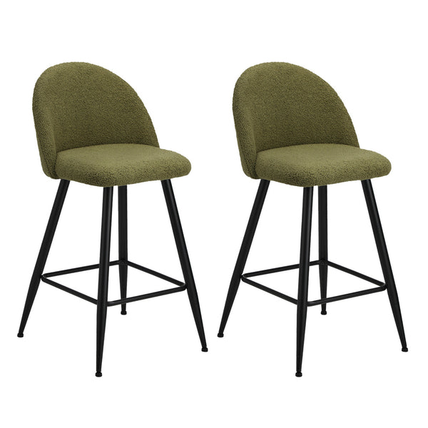Set of 2 Green Boucle Padded Kitchen Counter Bar Stools