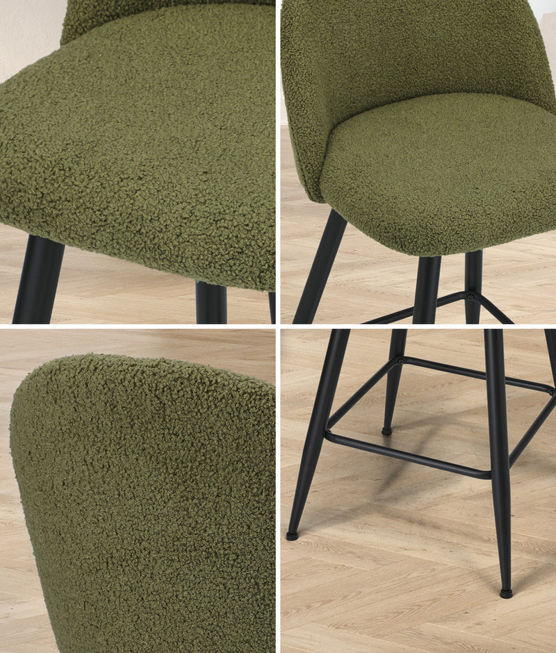 Set of 2 Green Boucle Padded Kitchen Counter Bar Stools