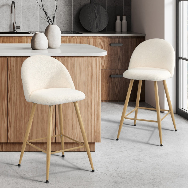 Set of 2 White Boucle Padded Kitchen Counter Bar Stools