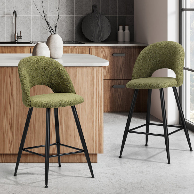 Set of 2 Green Boucle Kitchen Counter Bar Stools