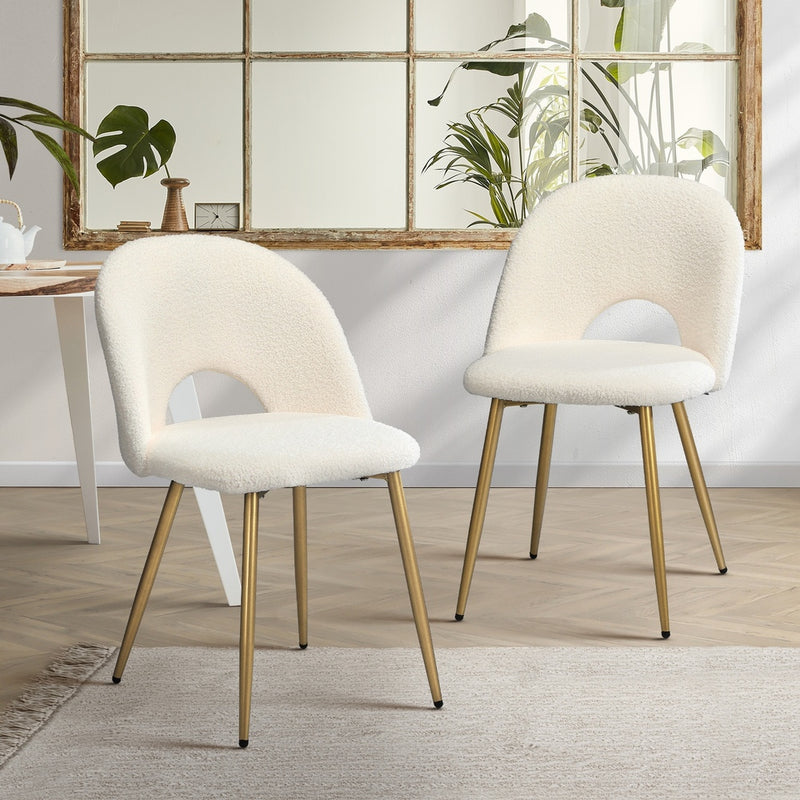 Set of 2 White Sherpa Dining Armchairs with Golden Legs