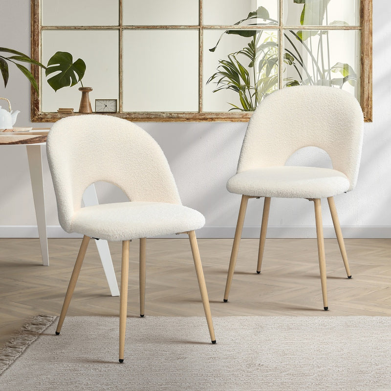 Set of 2 White Sherpa Dining Armchairs with Wooden Legs