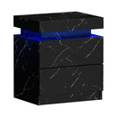 Black Marble Effect Bedside Table with 2 Drawers and LED Nightstand