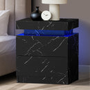 Black Marble Effect Bedside Table with 2 Drawers and LED Nightstand