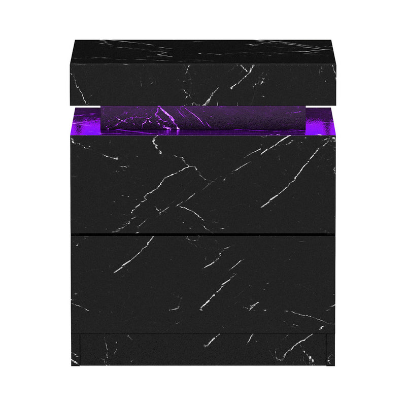 Black Marble Effect Bedside Table with 2 Drawers and LED Nightstand