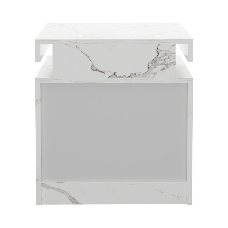 White Marble Effect Bedside Table with 2 Drawers and LED Nightstand