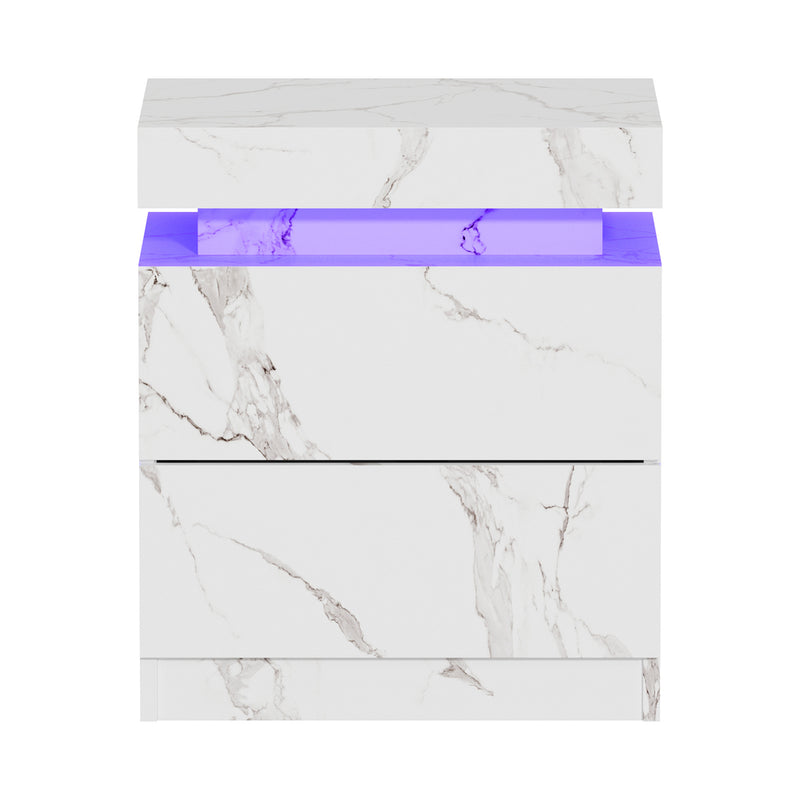 White Marble Effect Bedside Table with 2 Drawers and LED Nightstand