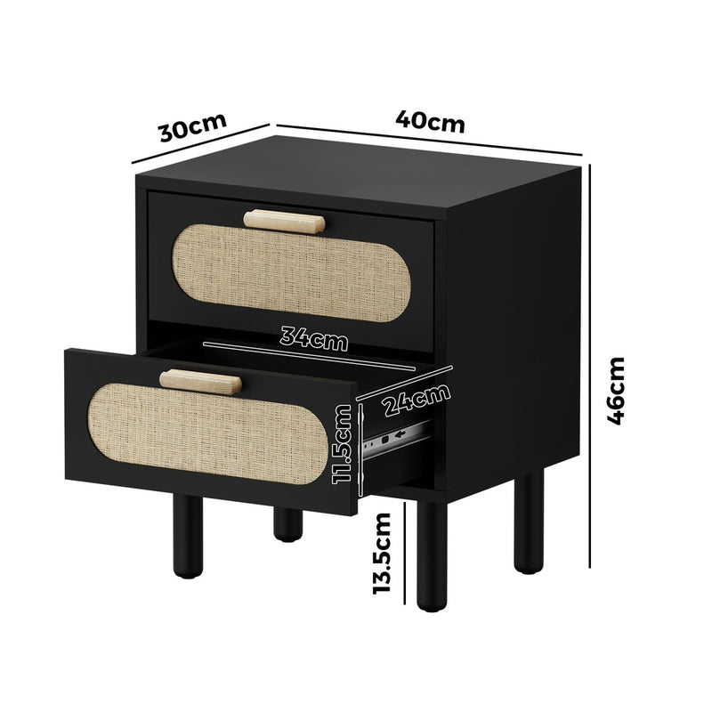 Black Rattan Bedside Table with 2 Drawers