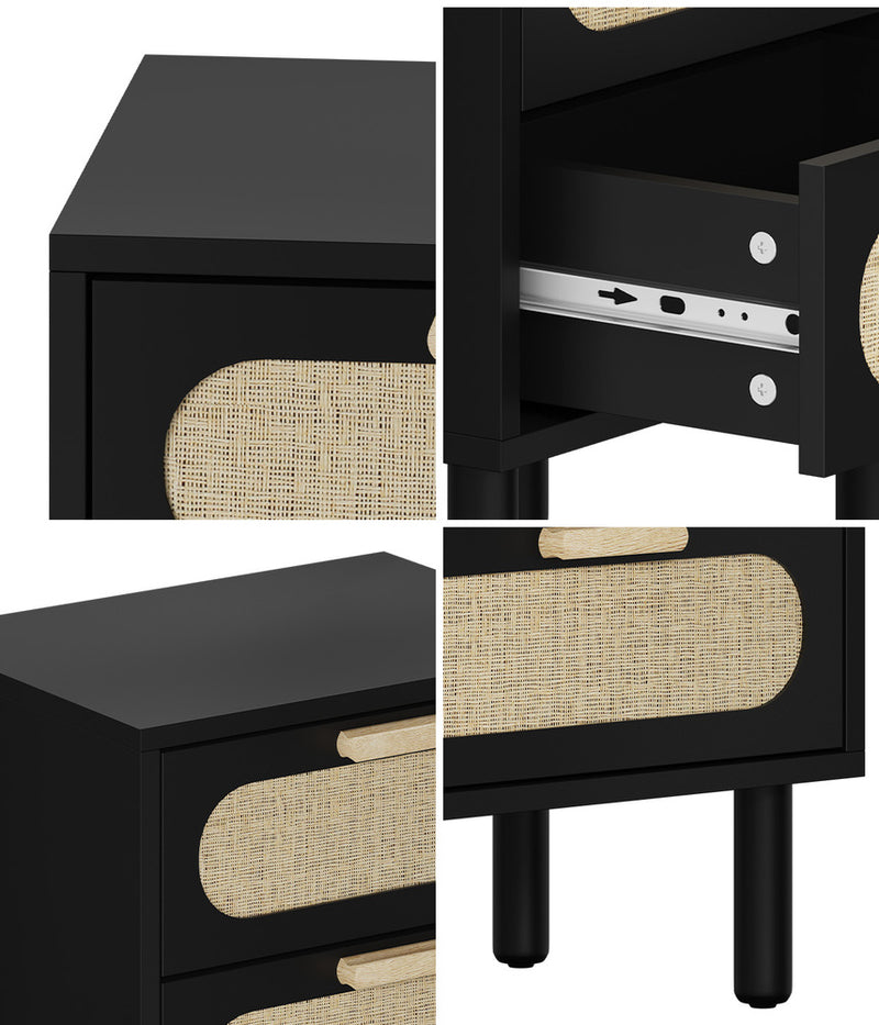 Black Rattan Bedside Table with 2 Drawers