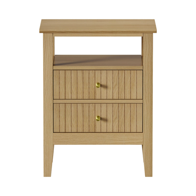 Natural Bedside Table with 2 Drawers and Open Shelf Nightstand