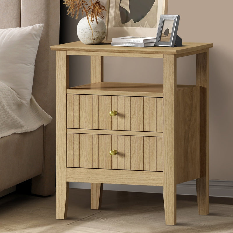 Natural Bedside Table with 2 Drawers and Open Shelf Nightstand