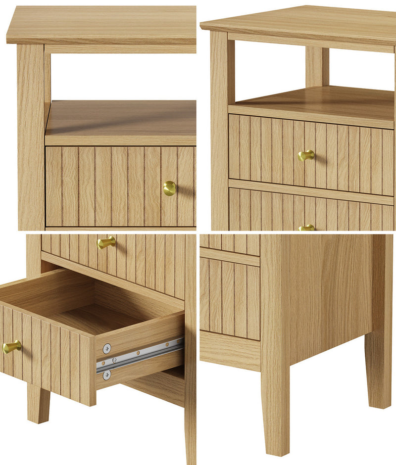 Natural Bedside Table with 2 Drawers and Open Shelf Nightstand