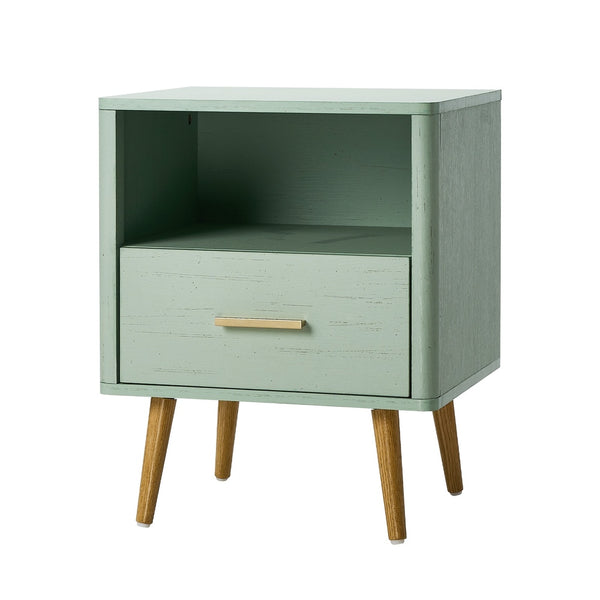 Green Bedside Table with 1 Drawer and Open Shelf Nightstand