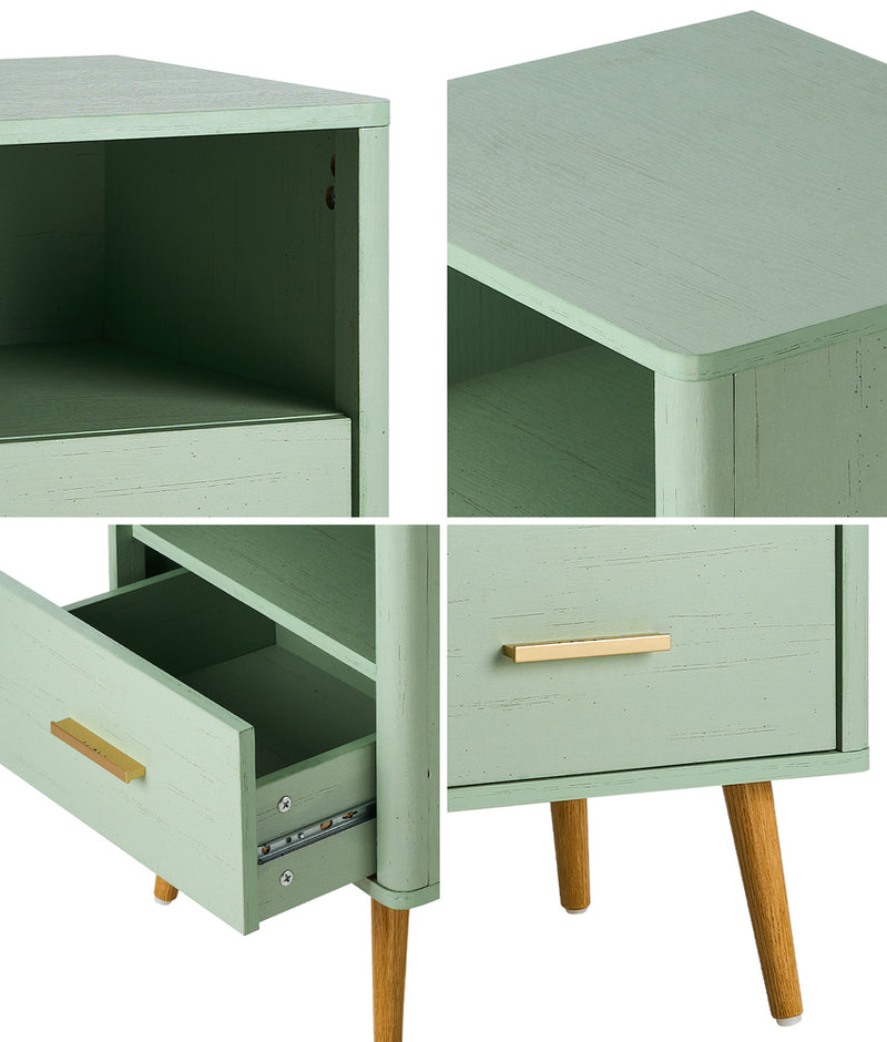 Green Bedside Table with 1 Drawer and Open Shelf Nightstand