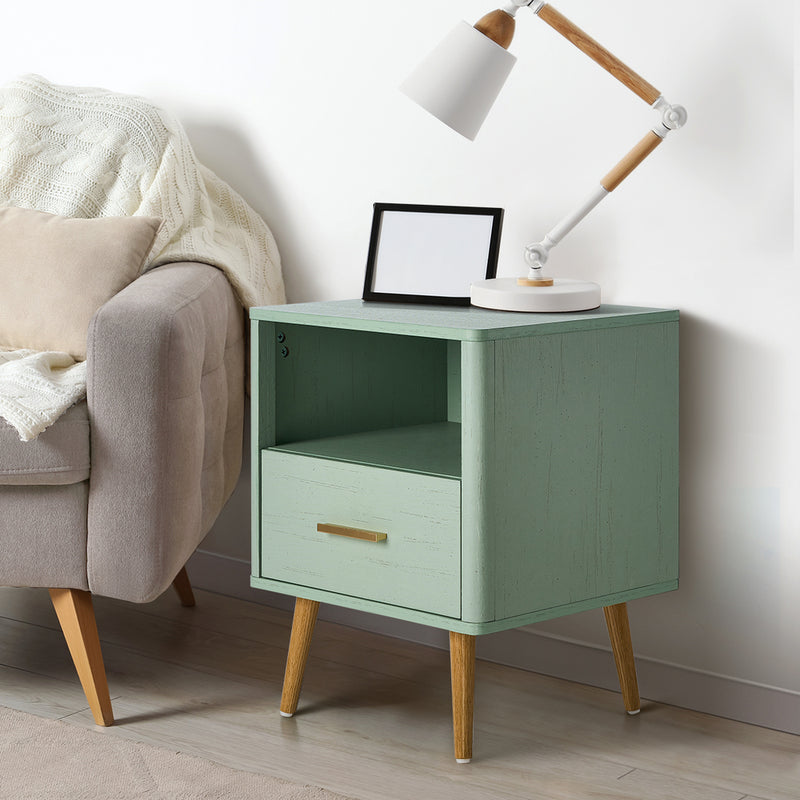 Green Bedside Table with 1 Drawer and Open Shelf Nightstand