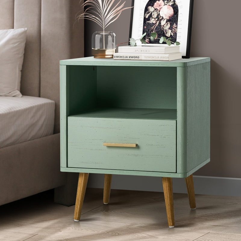 Green Bedside Table with 1 Drawer and Open Shelf Nightstand