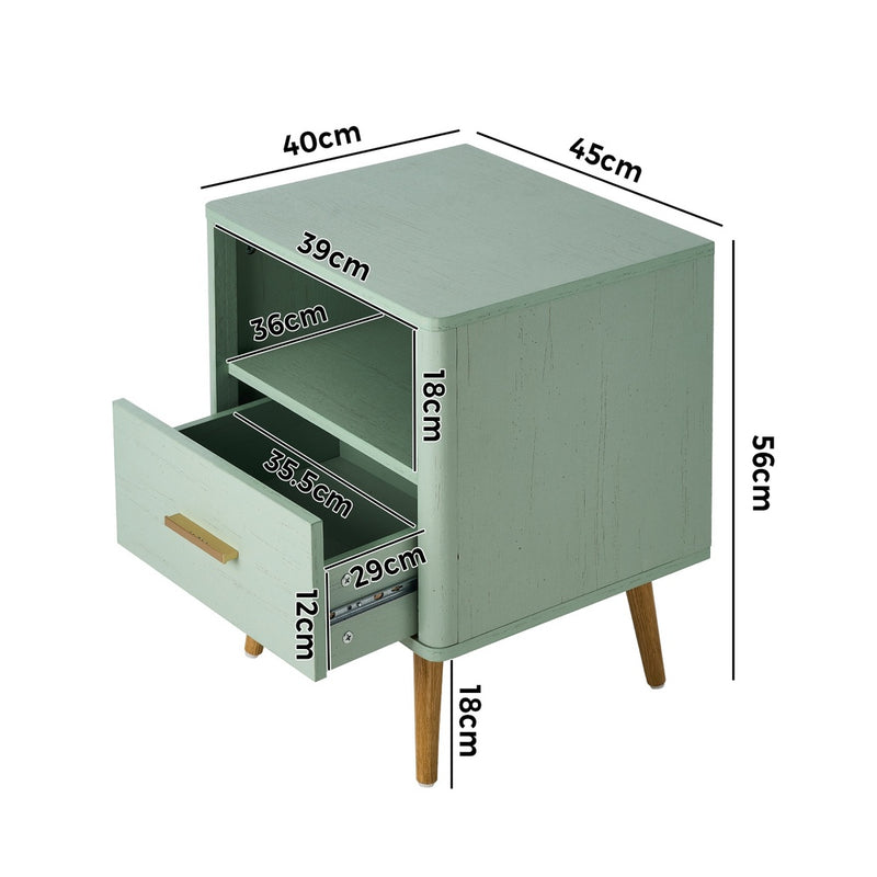 Green Bedside Table with 1 Drawer and Open Shelf Nightstand