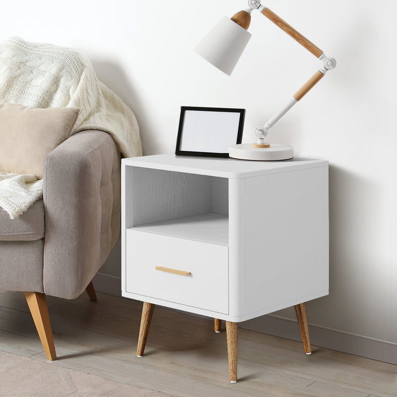 White Bedside Table with 1 Drawer and Open Shelf Nightstand