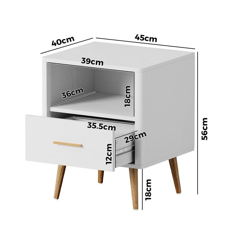 White Bedside Table with 1 Drawer and Open Shelf Nightstand